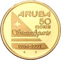 reverse of 50 Florin - Beatrix - Status Aparte (1991) coin with KM# 9 from Aruba. Inscription: ARUBA 50 FLORIN Status Aparte 1986 · 1991
