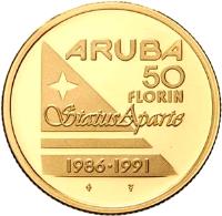 Aruba coin 50 Florin - Beatrix - Status Aparte (1991) reverse reverse of 50 Florin - Beatrix - Status Aparte (1991) coin with KM# 9 from Aruba. Inscription: ARUBA 50 FLORIN Status Aparte 1986 · 1991