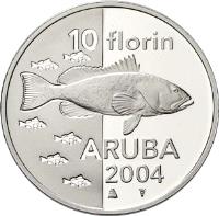 reverse of 10 Florin - Beatrix - Fish (2004) coin with KM# 31 from Aruba. Inscription: 10 florin ARUBA 2004