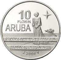 Aruba coin 10 Florin - Beatrix - Flag, Anthem, Status Aparte (2006) reverse reverse of 10 Florin - Beatrix - Flag, Anthem, Status Aparte (2006) coin with KM# 36 from Aruba. Inscription: 10 FLORIN ARUBA 30 AÑA DI HIMNO Y BANDERA 20 AÑA DI STATUS APARTE 2006