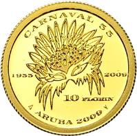 reverse of 10 Florin - Beatrix - Carnival (2009) coin with KM# 44 from Aruba. Inscription: CARNAVAL 55 1955 2009 10 FLORIN ARUBA 2009