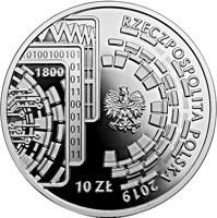 obverse of 10 Złotych - 100th Anniversary of PKO Bank Polski (2019) coin from Poland. Inscription: RZECZPOSPOLITA POLSKA 2019 1800 mw 10 ZŁ