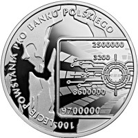 reverse of 10 Złotych - 100th Anniversary of PKO Bank Polski (2019) coin from Poland. Inscription: 100-LECIE POWSTANIA PKO BANKU POLSKIEGO 2500000 3200 8600000 9700000