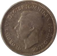 Australia coin 3 Pence - George VI (1938 - 1944) obverse obverse of 3 Pence - George VI (1938 - 1944) coin with KM# 37 from Australia. Inscription: GEORGIVS VI D:G:BR OMN:REX F:D:IND:IMP. HP