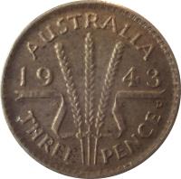 Australia coin 3 Pence - George VI (1938 - 1944) reverse reverse of 3 Pence - George VI (1938 - 1944) coin with KM# 37 from Australia. Inscription: AUSTRALIA 19 42 K G THREE PENCE