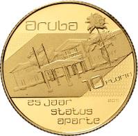 reverse of 10 Florin - Beatrix - Status Aparte (2011) coin with KM# 49 from Aruba. Inscription: aruba 10 florin 25 jaar satus aparte 2011