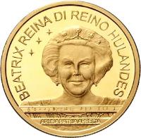 Aruba coin 25 Florin - Beatrix - Flag, Anthem, Status Aparte (2006) obverse obverse of 25 Florin - Beatrix - Flag, Anthem, Status Aparte (2006) coin with KM# 37 from Aruba. Inscription: BEATRIX REINA DI REINO HULANDES ARUBA PATRIA APRECIA