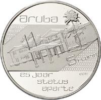 Aruba coin 5 Florin - Beatrix - Status Aparte (2011) reverse reverse of 5 Florin - Beatrix - Status Aparte (2011) coin with KM# 47 from Aruba. Inscription: aruba 10 florin 25 jaar satus aparte 2011
