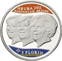 Aruba coin 5 Florin - Beatrix - Royal visit (2011) reverse reverse of 5 Florin - Beatrix - Royal visit (2011) coin with KM# 48 from Aruba. Inscription: ARUBA 2011 KONINKLIJK BEZOEK 5 FLORIN
