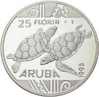 reverse of 25 Florin - Beatrix - Sea turtles (1995) coin with KM# 15 from Aruba. Inscription: 25 FLORIN ARUBA 1995 JL