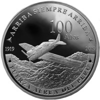 Peru coin 1 Sol - 100 years of the Peruvian Air Force (2019) obverse obverse of 1 Sol - 100 years of the Peruvian Air Force (2019) coin from Peru. Inscription: ARRIBA SIEMPRE ARRIBA 100 Años 1919 2019 FUERZA AÉREA DEL PERÚ