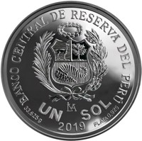 Peru coin 1 Sol - 100 years of the Peruvian Air Force (2019) reverse reverse of 1 Sol - 100 years of the Peruvian Air Force (2019) coin from Peru. Inscription: BANCO CENTRAL DE RESERVA DEL PERÚ LIMA UN SOL 33.625 g PLATA 0.925 2019