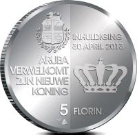 reverse of 5 Florin - Willem-Alexander - Investiture (2013) coin with KM# 53 from Aruba. Inscription: INHULDIGING 30 APRIL 2013 ARUBA VERWELKOMT ZIJN NIEUWE KONING 5 FLORIN