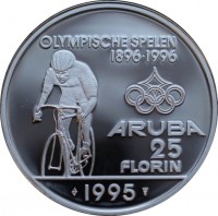 reverse of 25 Florin - Beatrix - 100th Anniversary of the Olympics - Without logo (1995) coin with KM# 14 from Aruba. Inscription: OLYMPISCHE SPELEN 1896 · 1996 ARUBA 25 FLORIN 1995