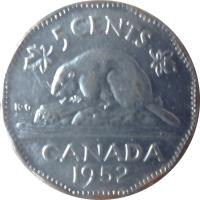 Canada coin 5 Cents - George VI (1951 - 1952) reverse reverse of 5 Cents - George VI (1951 - 1952) coin with KM# 42a from Canada. Inscription: 5 CENTS CANADA 1951 K · G
