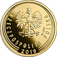 obverse of 1 Grosz - One Hundred Years of the Złoty (2019) coin from Poland. Inscription: mw Au 900 RZECZPOSPOLITA POLSKA 2019