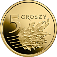 reverse of 5 Groszy - One Hundred Years of the Złoty (2019) coin from Poland. Inscription: 5 GROSZY