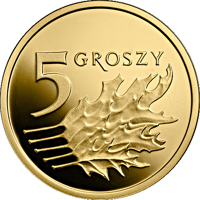 Poland coin 5 Groszy - One Hundred Years of the Złoty (2019) reverse reverse of 5 Groszy - One Hundred Years of the Złoty (2019) coin from Poland. Inscription: 5 GROSZY