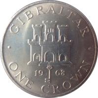 reverse of 1 Crown - Elizabeth II - 2'nd Portrait (1967 - 1970) coin with KM# 4 from Gibraltar. Inscription: GIBRALTAR 19 67 · ONE CROWN ·