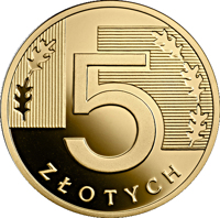 reverse of 5 Złotych - One Hundred Years of the Złoty (2019) coin from Poland. Inscription: 5 ZŁOTYCH