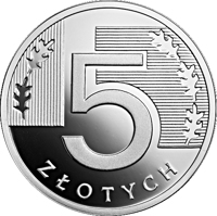 reverse of 5 Złotych - One Hundred Years of the Złoty (2019) coin from Poland. Inscription: 5 ZŁOTYCH