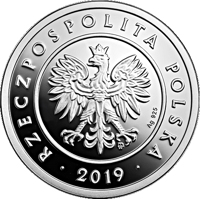 obverse of 50 Groszy - One Hundred Years of the Złoty (2019) coin from Poland. Inscription: mw Ag 925 RZECZPOSPOLITA POLSKA 2019