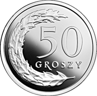 reverse of 50 Groszy - One Hundred Years of the Złoty (2019) coin from Poland. Inscription: 50 GROSZY