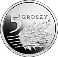 reverse of 5 Groszy - One Hundred Years of the Złoty (2019) coin from Poland. Inscription: 5 GROSZY