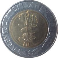 obverse of 500 Lire - FAO (1995) coin with KM# 330 from San Marino. Inscription: REPUBBLICA DI SAN MARINO