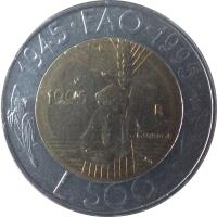 reverse of 500 Lire - FAO (1995) coin with KM# 330 from San Marino. Inscription: 1945 - FAO - 1995 L.500