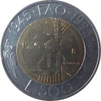 San Marino coin 500 Lire - FAO (1995) reverse reverse of 500 Lire - FAO (1995) coin with KM# 330 from San Marino. Inscription: 1945 - FAO - 1995 L.500