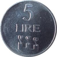 San Marino coin 5 Lire (1972) reverse reverse of 5 Lire (1972) coin with KM# 16 from San Marino. Inscription: 5 LIRE