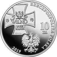 obverse of 10 Złotych - Vilnius Offensive (2019) coin from Poland. Inscription: RZECZPOSPOLITA POLSKA 19 J PL 19 WILNO WIEL= KANOC 10 ZŁ 2019 mw