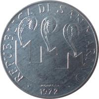 obverse of 10 Lire (1972) coin with KM# 17 from San Marino. Inscription: REPUBBLICA DI SAN MARINO · 1972 ·