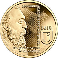 Poland coin 200 Złotych - 200th Anniversary of the Jan Matejko Academy of Fine Arts in Kraków (2019) reverse reverse of 200 Złotych - 200th Anniversary of the Jan Matejko Academy of Fine Arts in Kraków (2019) coin from Poland. Inscription: 200-LECIE AKADEMII SZTUK PIĘKNYCH IM. JANA MATEJKO W KRAKOWIE 1818