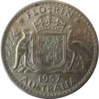 reverse of 1 Florin - Elizabeth II - with F:D: (1956 - 1963) coin with KM# 60 from Australia. Inscription: FLO RIN K · G 1956 AUSTRALIA