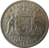 Australia coin 1 Florin - Elizabeth II - with F:D: (1956 - 1963) reverse reverse of 1 Florin - Elizabeth II - with F:D: (1956 - 1963) coin with KM# 60 from Australia. Inscription: FLO RIN K · G 1956 AUSTRALIA