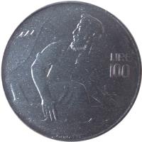 reverse of 100 Lire (1972) coin with KM# 20 from San Marino. Inscription: LIRE 100 MONASSI