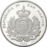 obverse of 5000 Lire - Europe tomorrow (1999) coin with KM# 410 from San Marino. Inscription: REPUBLICA DI SAN MARINO 1999