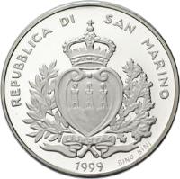 San Marino coin 5000 Lire - Europe tomorrow (1999) obverse obverse of 5000 Lire - Europe tomorrow (1999) coin with KM# 410 from San Marino. Inscription: REPUBLICA DI SAN MARINO 1999