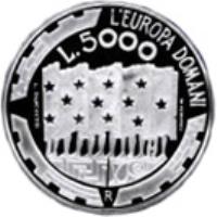 reverse of 5000 Lire - Europe tomorrow (1999) coin with KM# 410 from San Marino. Inscription: L'EUROPA DOMANI L 5000