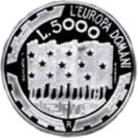 San Marino coin 5000 Lire - Europe tomorrow (1999) reverse reverse of 5000 Lire - Europe tomorrow (1999) coin with KM# 410 from San Marino. Inscription: L'EUROPA DOMANI L 5000