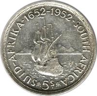 South Africa coin 5 Shillings - George VI - Cape Town Anniversary (1952) reverse reverse of 5 Shillings - George VI - Cape Town Anniversary (1952) coin with KM# 41 from South Africa. Inscription: SUID-AFRIKA · 1652-1952 · SOUTH AFRICA *5s* MW VOC