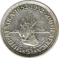 reverse of 5 Shillings - George VI - Cape Town Anniversary (1952) coin with KM# 41 from South Africa. Inscription: SUID-AFRIKA · 1652-1952 · SOUTH AFRICA *5s* MW VOC