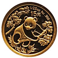 China coin 15 Yuan - 1992 Gold Panda Design (2007) reverse reverse of 15 Yuan - 1992 Gold Panda Design (2007) coin with KM# 1761 from China. Inscription: 1/25 oz Au .999 15元