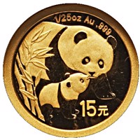 China coin 15 Yuan - 2004 Gold Panda Design (2007) reverse reverse of 15 Yuan - 2004 Gold Panda Design (2007) coin with KM# 1783 from China. Inscription: 1/25 oz Au .999 15元
