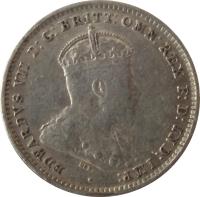 obverse of 3 Pence - Edward VII (1910) coin with KM# 18 from Australia. Inscription: EDWARDVS VII D:G:BRITT:OMN:REX F:D:IND:IMP: ·