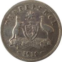 reverse of 3 Pence - Edward VII (1910) coin with KM# 18 from Australia. Inscription: THREEPENCE ADVANCE AUSTRALIA 1910