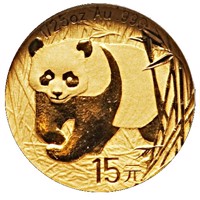 reverse of 15 Yuan - 2001-2002 Gold Panda Design (2007) coin with KM# 1779 from China. Inscription: 1/25 oz Au .999 15元