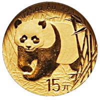 China coin 15 Yuan - 2001-2002 Gold Panda Design (2007) reverse reverse of 15 Yuan - 2001-2002 Gold Panda Design (2007) coin with KM# 1779 from China. Inscription: 1/25 oz Au .999 15元
